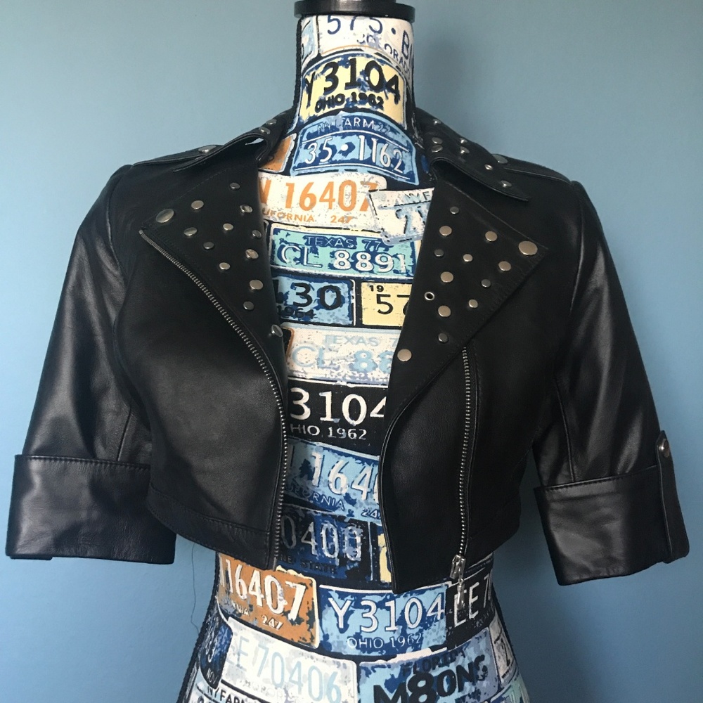 Unique genuine leather cropped jacket black XS NEW